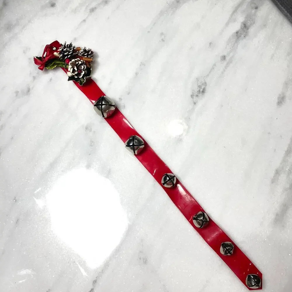 Vintage Sleigh Bell Door Hanger Red Vinyl Strap Jingle MCM Christmas Pinecones